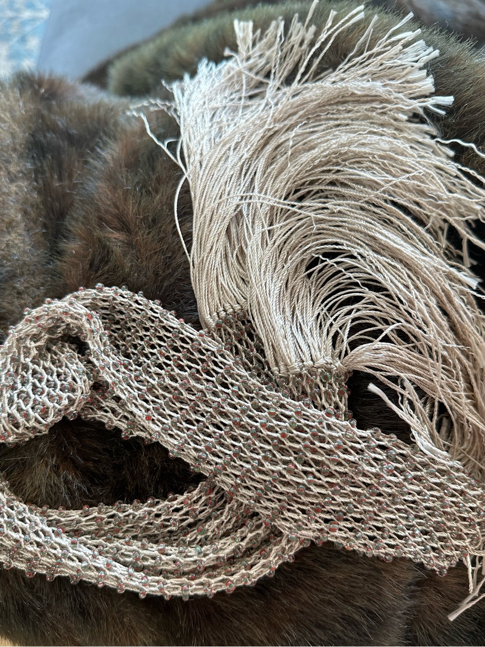 Vintage, Beaded Beige Knit Scarf with Fringe